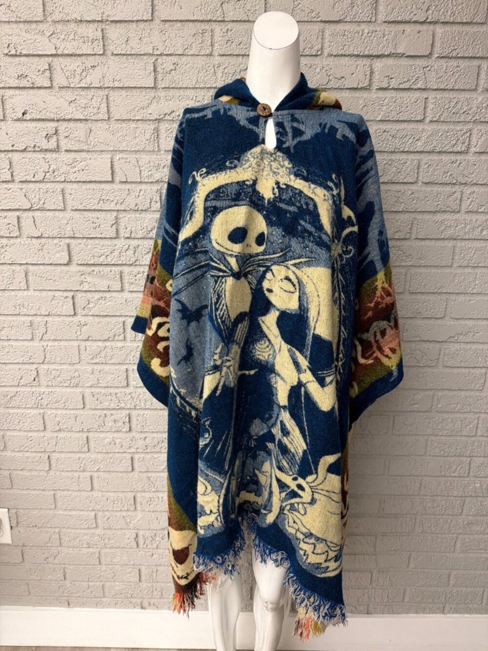Unisex Handmade Alpaca Wool Poncho Hoodie Jack Skellington & Sally One Size
